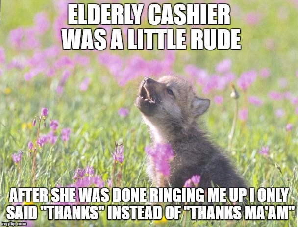 Baby Insanity Wolf | ELDERLY CASHIER WAS A LITTLE RUDE; AFTER SHE WAS DONE RINGING ME UP I ONLY SAID "THANKS" INSTEAD OF "THANKS MA'AM" | image tagged in memes,baby insanity wolf,AdviceAnimals | made w/ Imgflip meme maker