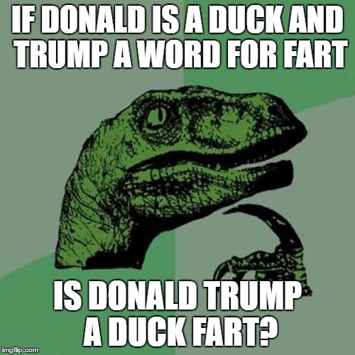 Philosoraptor | IF DONALD IS A DUCK
AND TRUMP A WORD FOR FART; IS DONALD TRUMP A DUCK FART? | image tagged in memes,philosoraptor | made w/ Imgflip meme maker