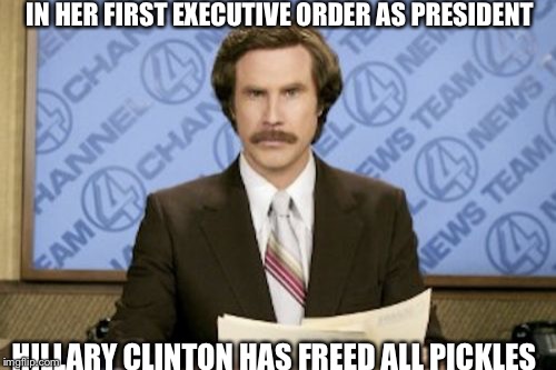 Ron Burgundy | IN HER FIRST EXECUTIVE ORDER AS PRESIDENT; HILLARY CLINTON HAS FREED ALL PICKLES | image tagged in memes,ron burgundy | made w/ Imgflip meme maker