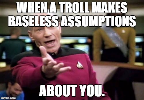 Picard Wtf | WHEN A TROLL MAKES BASELESS ASSUMPTIONS; ABOUT YOU. | image tagged in memes,picard wtf | made w/ Imgflip meme maker