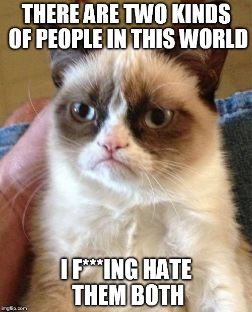 Grumpy Cat |  THERE ARE TWO KINDS OF PEOPLE IN THIS WORLD; I F***ING HATE THEM BOTH | image tagged in memes,grumpy cat | made w/ Imgflip meme maker