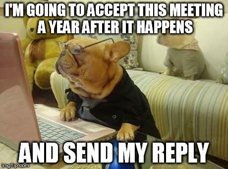 outlook | I'M GOING TO ACCEPT THIS MEETING A YEAR AFTER IT HAPPENS; AND SEND MY REPLY | image tagged in dog computer | made w/ Imgflip meme maker