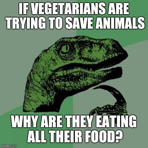 Philosoraptor Meme | IF VEGETARIANS ARE TRYING TO SAVE ANIMALS; WHY ARE THEY EATING ALL THEIR FOOD? | image tagged in memes,philosoraptor | made w/ Imgflip meme maker