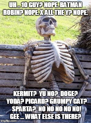 Waiting Skeleton Meme | UH .. 10 GUY? NOPE. BATMAN ROBIN? NOPE. X ALL THE Y? NOPE. KERMIT?  YU NO?  DOGE?  YODA? PICARD? GRUMPY CAT?  SPARTA?  NO NO NO NO NO! GEE . | image tagged in memes,waiting skeleton | made w/ Imgflip meme maker