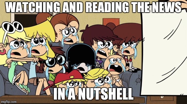Loud House: Crying 10 Sisters | WATCHING AND READING THE NEWS; IN A NUTSHELL | image tagged in loud house | made w/ Imgflip meme maker