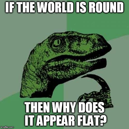 Philosoraptor | IF THE WORLD IS ROUND; THEN WHY DOES IT APPEAR FLAT? | image tagged in memes,philosoraptor | made w/ Imgflip meme maker