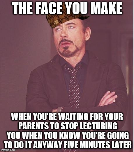 Face You Make Robert Downey Jr | THE FACE YOU MAKE; WHEN YOU'RE WAITING FOR YOUR PARENTS TO STOP LECTURING YOU WHEN YOU KNOW YOU'RE GOING TO DO IT ANYWAY FIVE MINUTES LATER | image tagged in memes,face you make robert downey jr,scumbag | made w/ Imgflip meme maker