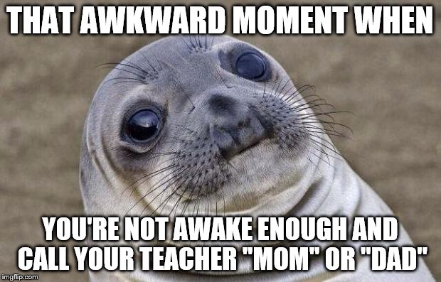 Awkward Moment Sealion Meme | THAT AWKWARD MOMENT WHEN; YOU'RE NOT AWAKE ENOUGH AND CALL YOUR TEACHER "MOM" OR "DAD" | image tagged in memes,awkward moment sealion | made w/ Imgflip meme maker