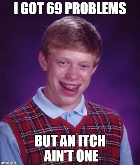 Bad Luck Brian | I GOT 69 PROBLEMS; BUT AN ITCH AIN'T ONE | image tagged in memes,bad luck brian | made w/ Imgflip meme maker