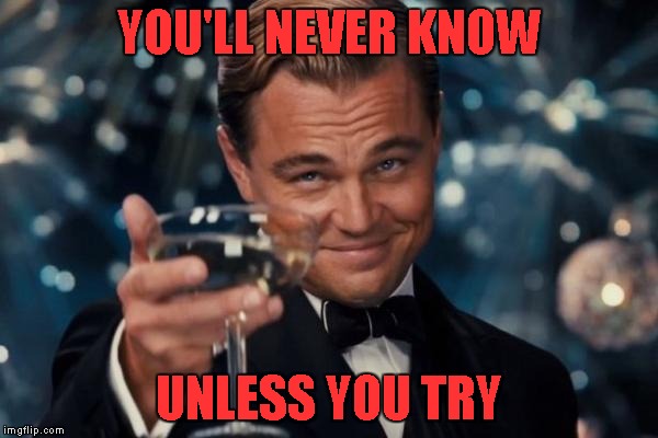 Leonardo Dicaprio Cheers Meme | YOU'LL NEVER KNOW UNLESS YOU TRY | image tagged in memes,leonardo dicaprio cheers | made w/ Imgflip meme maker