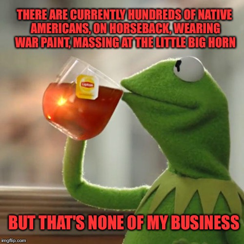 But That's None Of My Business Meme | THERE ARE CURRENTLY HUNDREDS OF NATIVE AMERICANS, ON HORSEBACK, WEARING WAR PAINT, MASSING AT THE LITTLE BIG HORN; BUT THAT'S NONE OF MY BUSINESS | image tagged in memes,but thats none of my business,kermit the frog | made w/ Imgflip meme maker