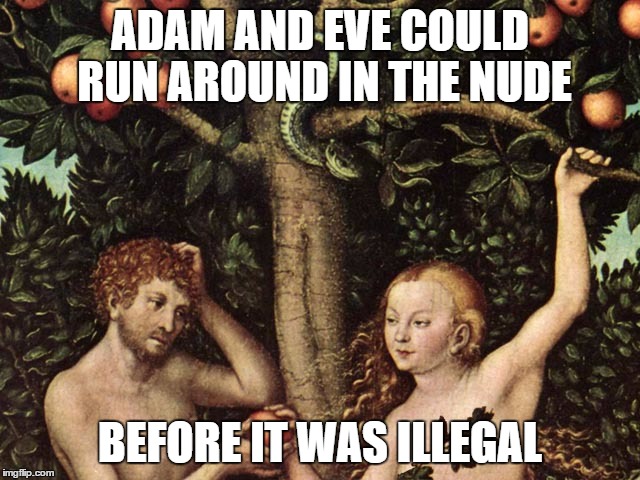 adam and eve | ADAM AND EVE COULD RUN AROUND IN THE NUDE; BEFORE IT WAS ILLEGAL | image tagged in adam and eve | made w/ Imgflip meme maker