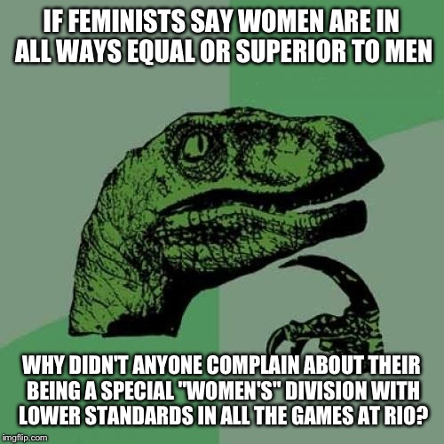 Philosoraptor | IF FEMINISTS SAY WOMEN ARE IN ALL WAYS EQUAL OR SUPERIOR TO MEN; WHY DIDN'T ANYONE COMPLAIN ABOUT THEIR BEING A SPECIAL "WOMEN'S" DIVISION WITH LOWER STANDARDS IN ALL THE GAMES AT RIO? | image tagged in memes,philosoraptor | made w/ Imgflip meme maker