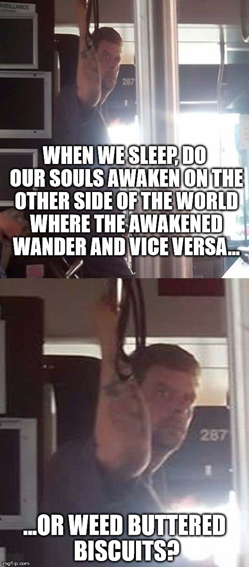 Deep Thoughts Bus Dude #4 | WHEN WE SLEEP, DO OUR SOULS AWAKEN ON THE OTHER SIDE OF THE WORLD WHERE THE AWAKENED WANDER AND VICE VERSA... ...OR WEED BUTTERED BISCUITS? | image tagged in deep thoughts,bus dude,weed | made w/ Imgflip meme maker