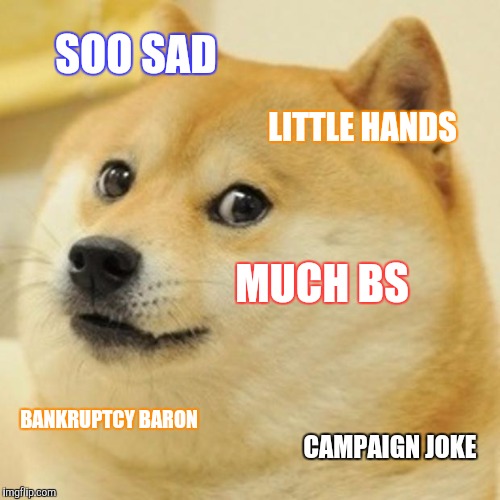 Some Doge Action On Drumpf  | SOO SAD; LITTLE HANDS; MUCH BS; BANKRUPTCY BARON; CAMPAIGN JOKE | image tagged in memes,doge | made w/ Imgflip meme maker