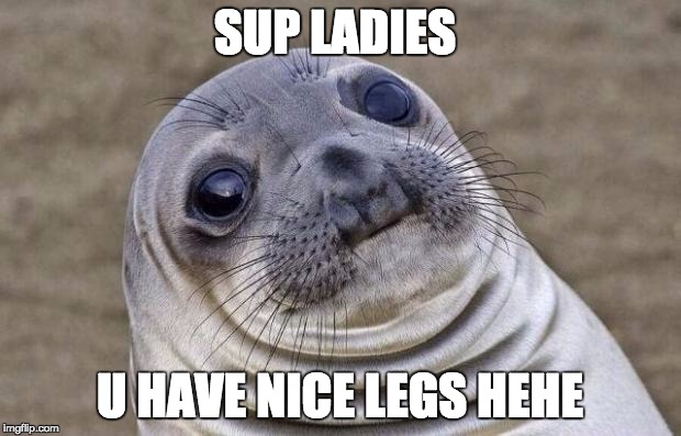 Awkward Moment Sealion | SUP LADIES; U HAVE NICE LEGS HEHE | image tagged in memes,awkward moment sealion | made w/ Imgflip meme maker