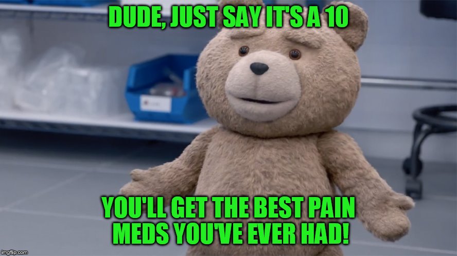 Ted Question | DUDE, JUST SAY IT'S A 10 YOU'LL GET THE BEST PAIN MEDS YOU'VE EVER HAD! | image tagged in ted question | made w/ Imgflip meme maker