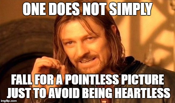 One Does Not Simply Meme | ONE DOES NOT SIMPLY FALL FOR A POINTLESS PICTURE JUST TO AVOID BEING HEARTLESS | image tagged in memes,one does not simply | made w/ Imgflip meme maker