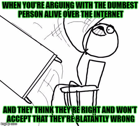 Table Flip Guy Meme | WHEN YOU'RE ARGUING WITH THE DUMBEST PERSON ALIVE OVER THE INTERNET; AND THEY THINK THEY'RE RIGHT AND WON'T ACCEPT THAT THEY'RE BLATANTLY WRONG | image tagged in memes,table flip guy,template quest,funny,stupid people | made w/ Imgflip meme maker