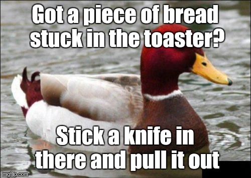 It works every time :3 | Got a piece of bread stuck in the toaster? Stick a knife in there and pull it out | image tagged in memes,malicious advice mallard,trhtimmy | made w/ Imgflip meme maker