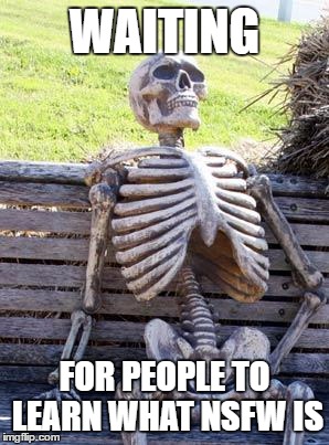NSFW Problems | WAITING FOR PEOPLE TO LEARN WHAT NSFW IS | image tagged in memes,waiting skeleton | made w/ Imgflip meme maker
