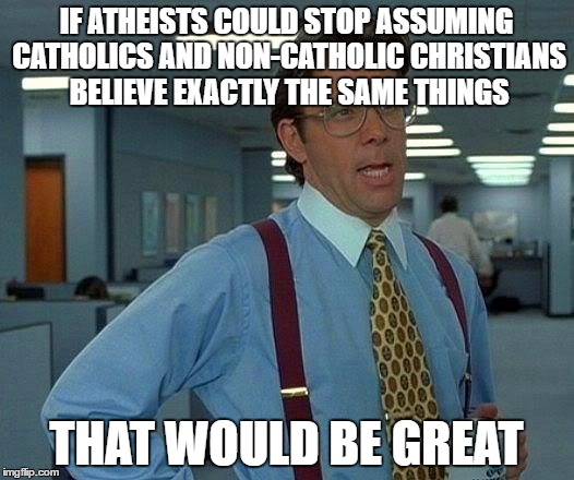Because almost every atheist I've talked to seems to be unaware of the difference... | IF ATHEISTS COULD STOP ASSUMING CATHOLICS AND NON-CATHOLIC CHRISTIANS BELIEVE EXACTLY THE SAME THINGS; THAT WOULD BE GREAT | image tagged in memes,that would be great | made w/ Imgflip meme maker