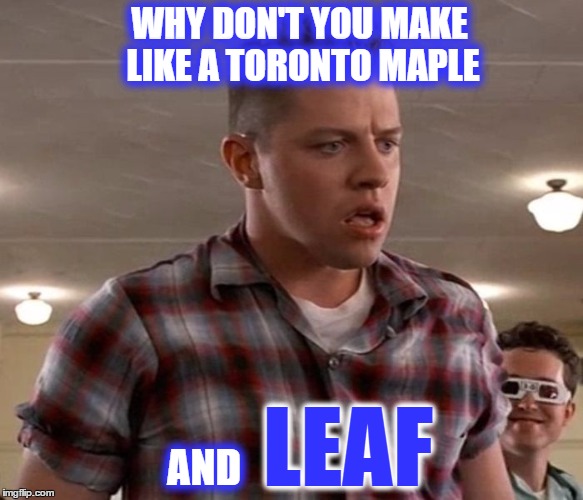 Biff | WHY DON'T YOU MAKE LIKE A TORONTO MAPLE; LEAF; AND | image tagged in young biff,toronto maple leafs,biff | made w/ Imgflip meme maker