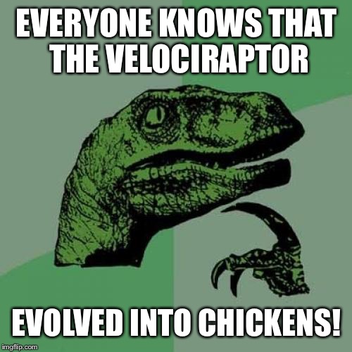 Philosoraptor Meme | EVERYONE KNOWS THAT THE VELOCIRAPTOR EVOLVED INTO CHICKENS! | image tagged in memes,philosoraptor | made w/ Imgflip meme maker