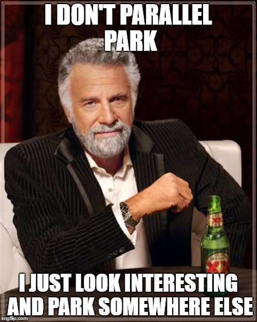 The Most Interesting Man In The World Meme | I DON'T PARALLEL PARK I JUST LOOK INTERESTING AND PARK SOMEWHERE ELSE | image tagged in memes,the most interesting man in the world | made w/ Imgflip meme maker