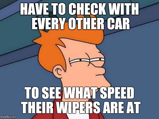 Futurama Fry | HAVE TO CHECK WITH EVERY OTHER CAR; TO SEE WHAT SPEED THEIR WIPERS ARE AT | image tagged in memes,futurama fry | made w/ Imgflip meme maker