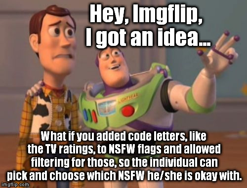 X, X Everywhere | Hey, Imgflip, I got an idea... What if you added code letters, like the TV ratings, to NSFW flags and allowed filtering for those, so the individual can pick and choose which NSFW he/she is okay with. | image tagged in memes,x x everywhere | made w/ Imgflip meme maker