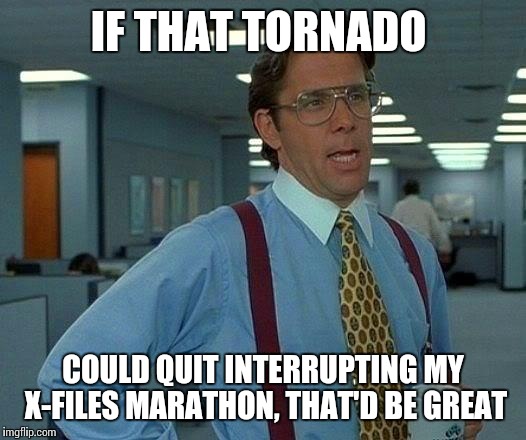 That Would Be Great Meme | IF THAT TORNADO COULD QUIT INTERRUPTING MY X-FILES MARATHON, THAT'D BE GREAT | image tagged in memes,that would be great | made w/ Imgflip meme maker