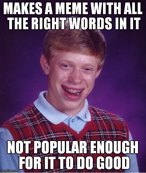 Bad Luck Brian Meme | MAKES A MEME WITH ALL THE RIGHT WORDS IN IT NOT POPULAR ENOUGH FOR IT TO DO GOOD | image tagged in memes,bad luck brian | made w/ Imgflip meme maker