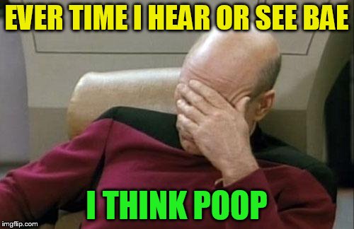 Captain Picard Facepalm Meme | EVER TIME I HEAR OR SEE BAE I THINK POOP | image tagged in memes,captain picard facepalm | made w/ Imgflip meme maker