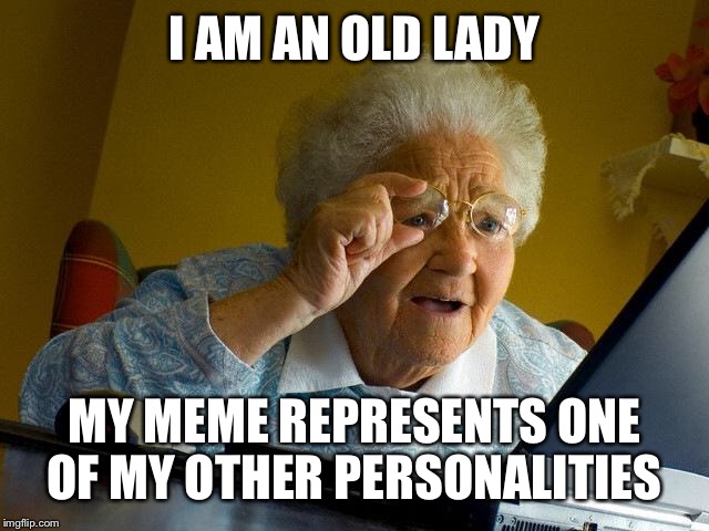 Grandma Finds The Internet Meme | I AM AN OLD LADY MY MEME REPRESENTS ONE OF MY OTHER PERSONALITIES | image tagged in memes,grandma finds the internet | made w/ Imgflip meme maker