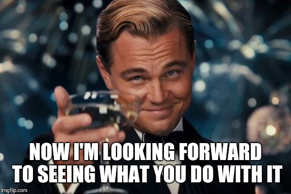 Leonardo Dicaprio Cheers Meme | NOW I'M LOOKING FORWARD TO SEEING WHAT YOU DO WITH IT | image tagged in memes,leonardo dicaprio cheers | made w/ Imgflip meme maker