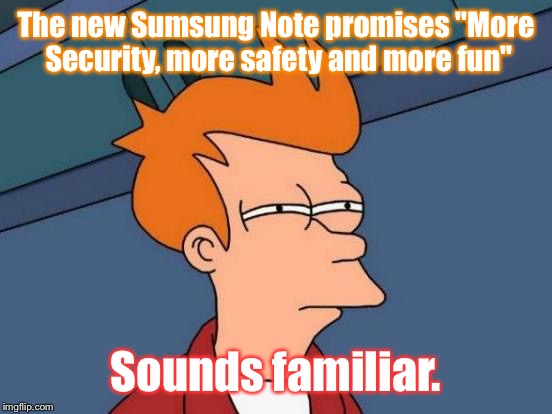 Sounds like something adults use. | The new Sumsung Note promises "More Security, more safety and more fun"; Sounds familiar. | image tagged in memes,futurama fry,security,funny,samsung,safety | made w/ Imgflip meme maker
