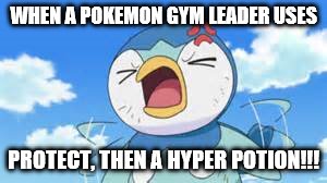 WHEN A POKEMON GYM LEADER USES; PROTECT, THEN A HYPER POTION!!! | image tagged in angry piplup | made w/ Imgflip meme maker