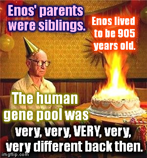 Having fun with, not making fun of… | Enos' parents were siblings. Enos lived to be 905 years old. The human gene pool was; very, very, VERY, very, very different back then. | image tagged in old man birthday,genesis,young earth,parents,siblings,inbred | made w/ Imgflip meme maker