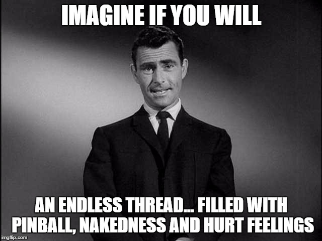 rod serling twilight zone | IMAGINE IF YOU WILL; AN ENDLESS THREAD... FILLED WITH PINBALL, NAKEDNESS AND HURT FEELINGS | image tagged in rod serling twilight zone | made w/ Imgflip meme maker