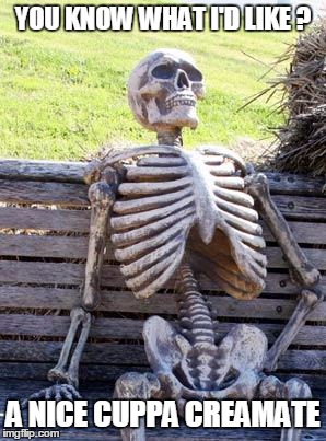 Waiting Skeleton Meme | YOU KNOW WHAT I'D LIKE ? A NICE CUPPA CREAMATE | image tagged in memes,waiting skeleton | made w/ Imgflip meme maker