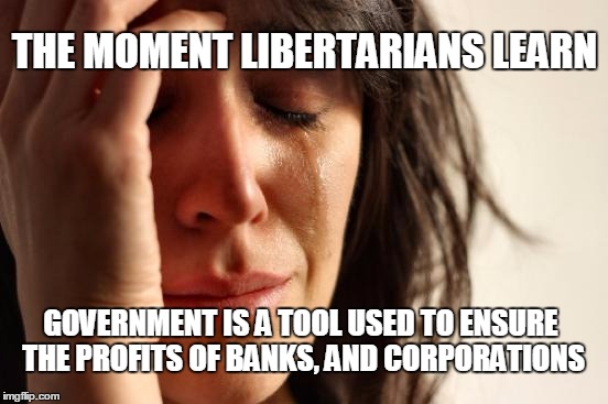 First World Problems | THE MOMENT LIBERTARIANS LEARN; GOVERNMENT IS A TOOL USED TO ENSURE THE PROFITS OF BANKS, AND CORPORATIONS | image tagged in memes,first world problems | made w/ Imgflip meme maker