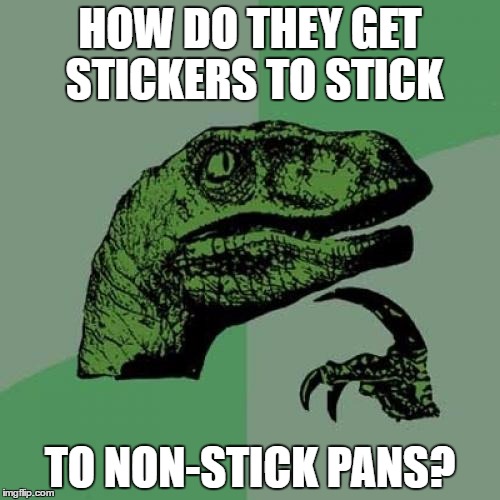 Philosoraptor Meme | HOW DO THEY GET STICKERS TO STICK; TO NON-STICK PANS? | image tagged in memes,philosoraptor | made w/ Imgflip meme maker