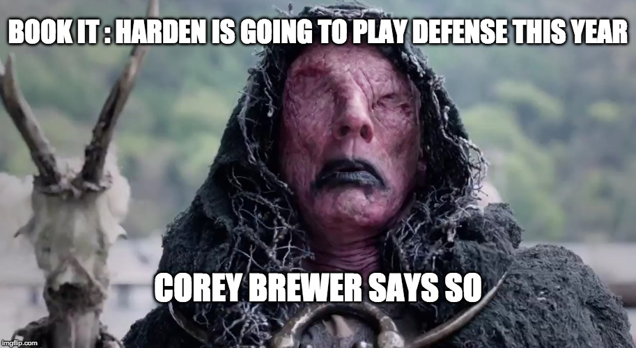 the seer from Vikings | BOOK IT : HARDEN IS GOING TO PLAY DEFENSE THIS YEAR; COREY BREWER SAYS SO | image tagged in the seer from vikings | made w/ Imgflip meme maker