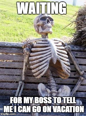 Waiting Skeleton | WAITING; FOR MY BOSS TO TELL ME I CAN GO ON VACATION | image tagged in memes,waiting skeleton | made w/ Imgflip meme maker