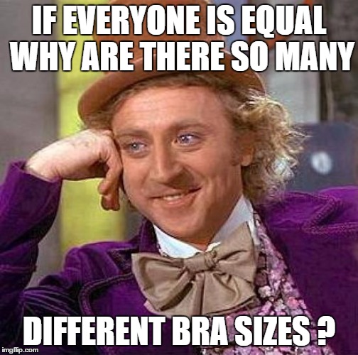 Creepy Condescending Wonka Meme | IF EVERYONE IS EQUAL WHY ARE THERE SO MANY DIFFERENT BRA SIZES ? | image tagged in memes,creepy condescending wonka | made w/ Imgflip meme maker