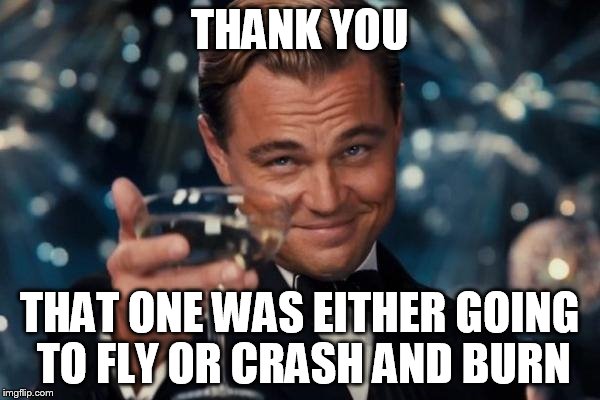 Leonardo Dicaprio Cheers Meme | THANK YOU THAT ONE WAS EITHER GOING TO FLY OR CRASH AND BURN | image tagged in memes,leonardo dicaprio cheers | made w/ Imgflip meme maker