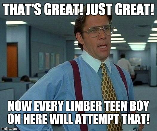 That Would Be Great Meme | THAT'S GREAT! JUST GREAT! NOW EVERY LIMBER TEEN BOY ON HERE WILL ATTEMPT THAT! | image tagged in memes,that would be great | made w/ Imgflip meme maker