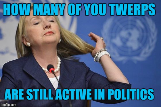 Hillary | HOW MANY OF YOU TWERPS ARE STILL ACTIVE IN POLITICS | image tagged in hillary | made w/ Imgflip meme maker