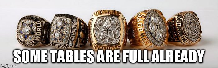 Dallas Cowboys - 5 Superbowl Rings | SOME TABLES ARE FULL ALREADY | image tagged in dallas cowboys - 5 superbowl rings | made w/ Imgflip meme maker